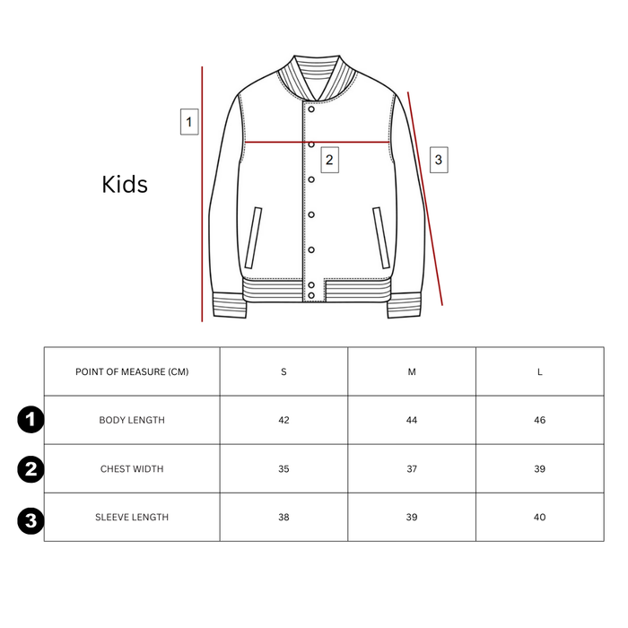 UNISEX VARSITY JACKET WITH CONTRAST SLEEVES AND BUTTONS, WITH LEFT CHEST CHENILLE PATCH AND STRIPED DETAILING IN RIBBED KNIT NECK AND CUFFS