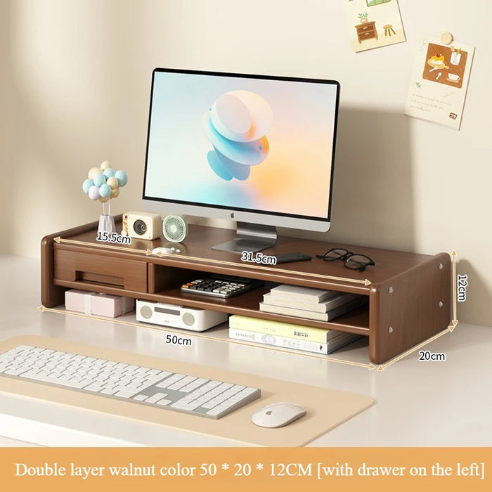 Desktop workstation computer height stand, home office desktop storage rack with drawers, monitor pad, and stand