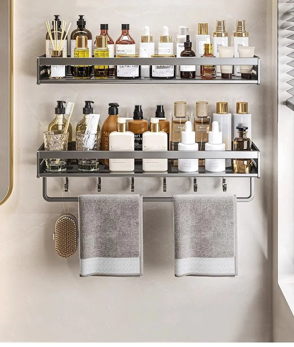 Shower Corner Shelf Without Drilling Aluminum Bathroom Shelf With Towel Bar Shampoo Holder Toilet Rack Bathroom Accessories