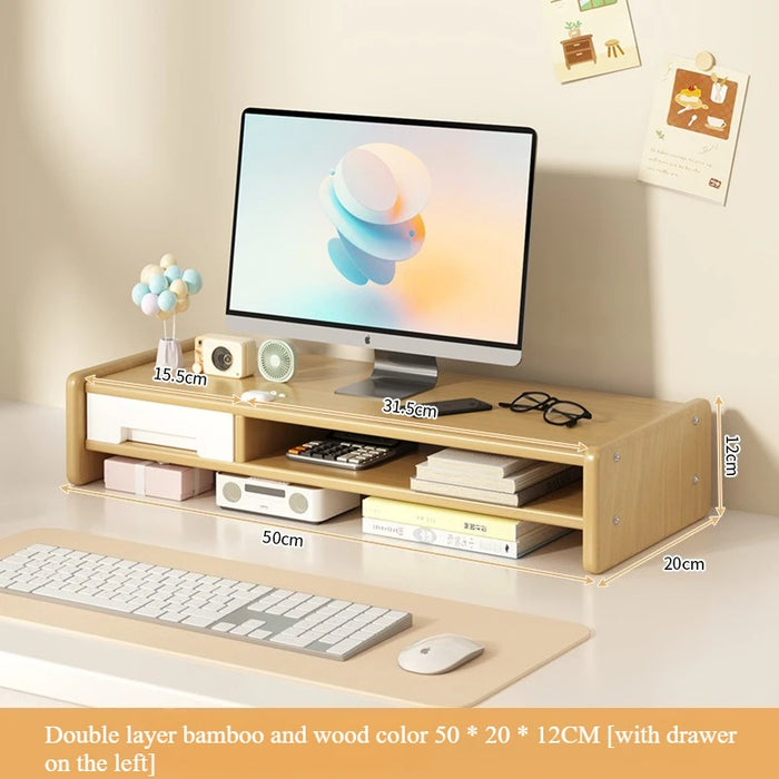 Desktop workstation computer height stand, home office desktop storage rack with drawers, monitor pad, and stand