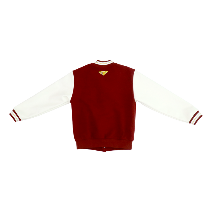 SRI-8010-U - UNISEX VARSITY JACKET WITH CONTRAST SLEEVES AND BUTTONS, WITH LEFT CHEST CHENILLE PATCH AND STRIPED DETAILING IN RIBBED KNIT NECK AND CUFFS
