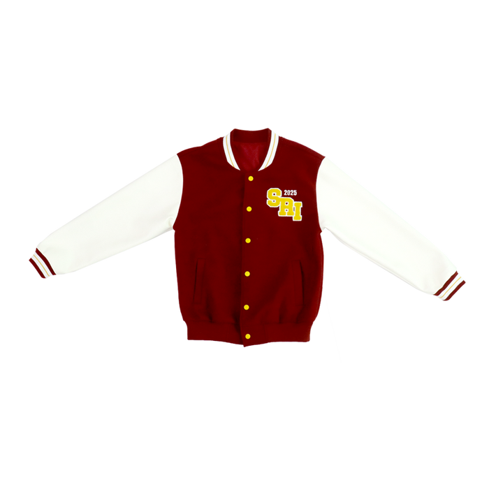 SRI-8010-U - UNISEX VARSITY JACKET WITH CONTRAST SLEEVES AND BUTTONS, WITH LEFT CHEST CHENILLE PATCH AND STRIPED DETAILING IN RIBBED KNIT NECK AND CUFFS
