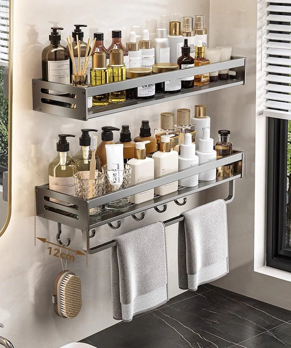 Shower Corner Shelf Without Drilling Aluminum Bathroom Shelf With Towel Bar Shampoo Holder Toilet Rack Bathroom Accessories