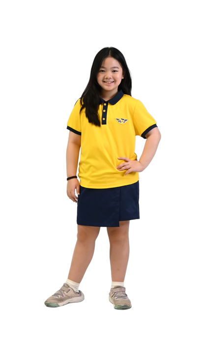 DWI-2000-G - PRIMARY GIRLS SKORT WITH CONTRAST BUTTON DETAILING AND BACK WAIST BAND EMBROIDERED PATCH APPLIQUE