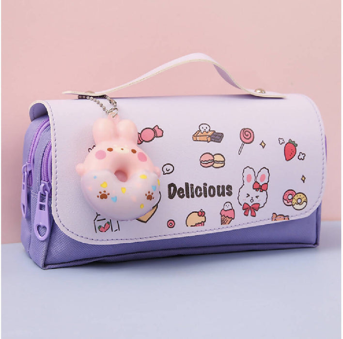 Large capacity cute canvas pencil case for kids student school with squishy toy