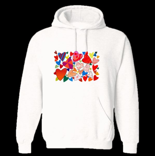 Hearts Galore white hoodie by Si On,12 y/o (design on both sides)
