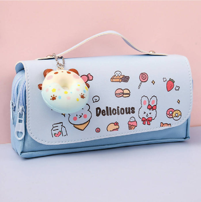 Large capacity cute canvas pencil case for kids student school with squishy toy